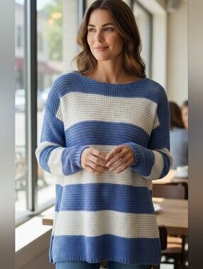 Chicos Mettalic Chunky Knit Sweater Blue White Stripe Harley Size 12/14 NWT